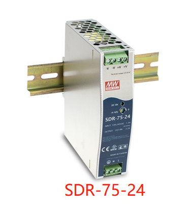 Fonte de alimentação 12V do trilho do ruído de SDR-75-24 Meanwell 24V 48V 85%-89%
